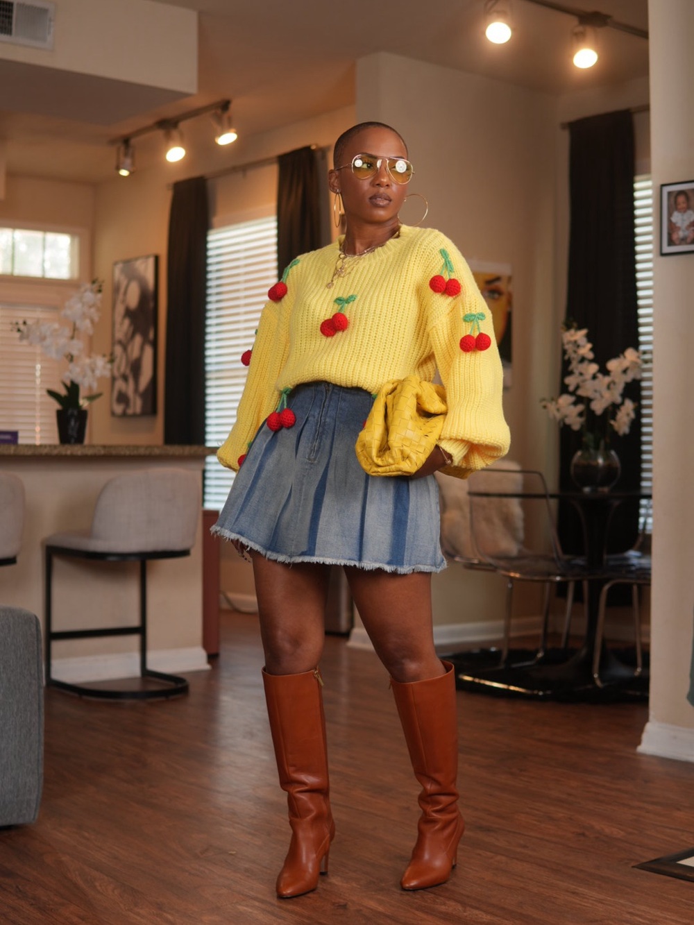 Yellow Cherry-Appliqué Knit Sweater